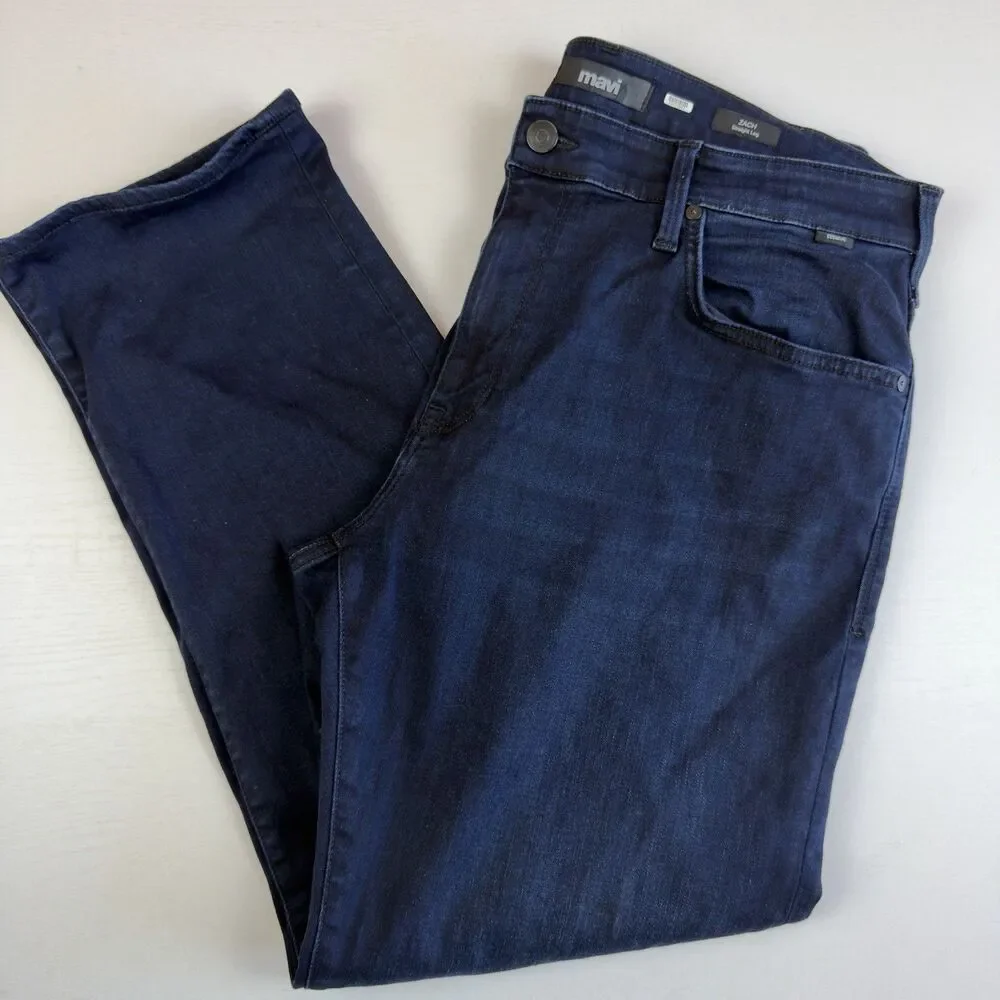 Mavi Zach Straight Leg Jeans Men’s 37W 28.5L Stretch Cotton Blend Dark Wash Blue